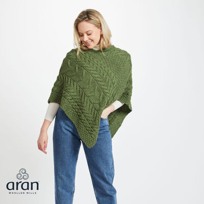 Super Soft Merino Wool Triangular Aran Cable Knitted Poncho, Green Colour